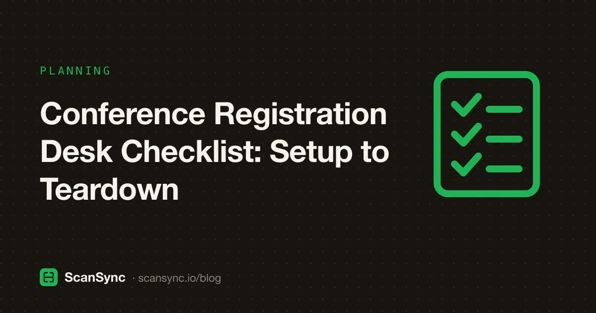 Illustration of a conference registration desk with badge boxes sorted alphabetically, a laptop with a barcode scanner, signage, and a short line of attendees