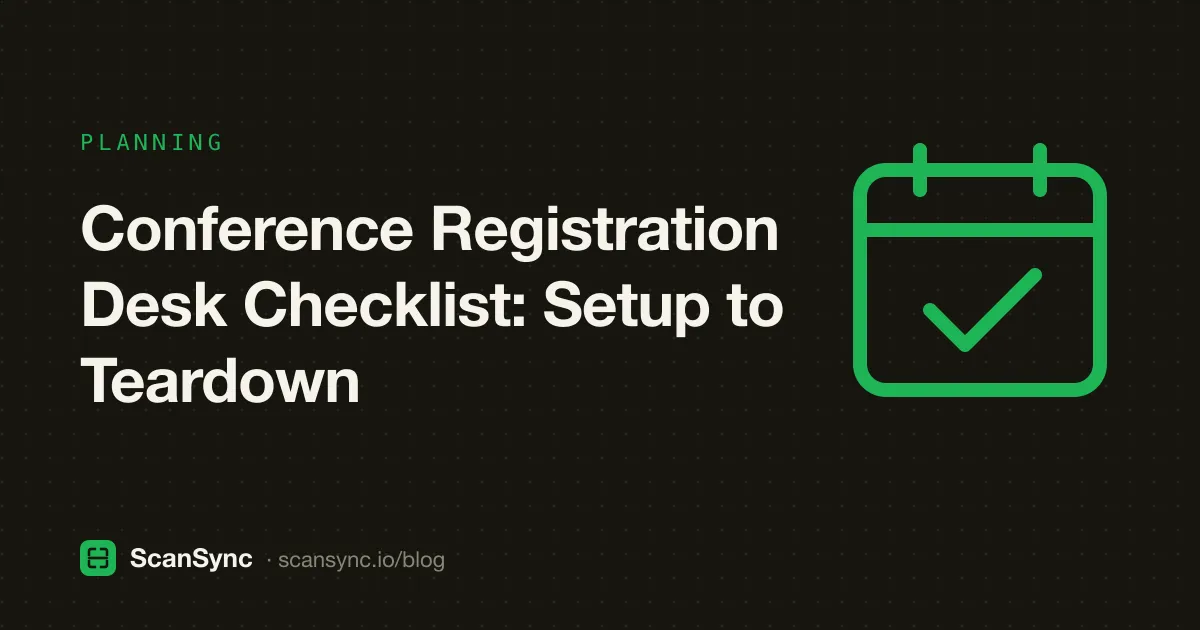 Illustration of a conference registration desk with badge boxes sorted alphabetically, a laptop with a barcode scanner, signage, and a short line of attendees