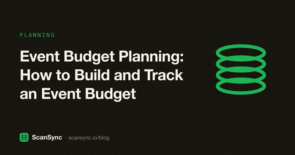 Illustration of a spreadsheet with budget categories, a calculator, and a stack of receipts beside a small event stage