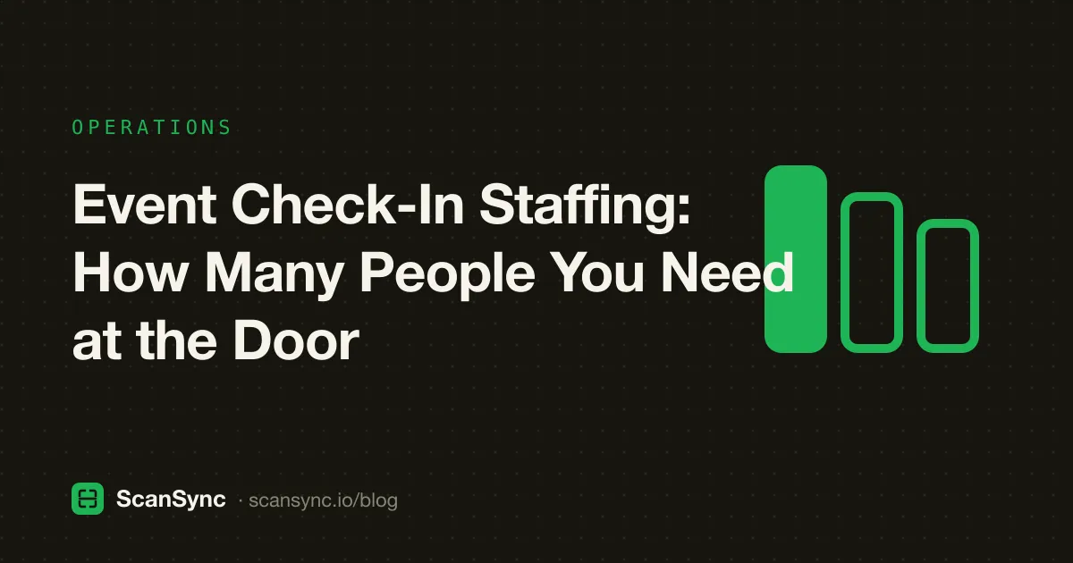 Illustration of three staff members at an event entrance, one scanning a phone ticket, one helping a guest at a laptop, and a short line of arriving guests