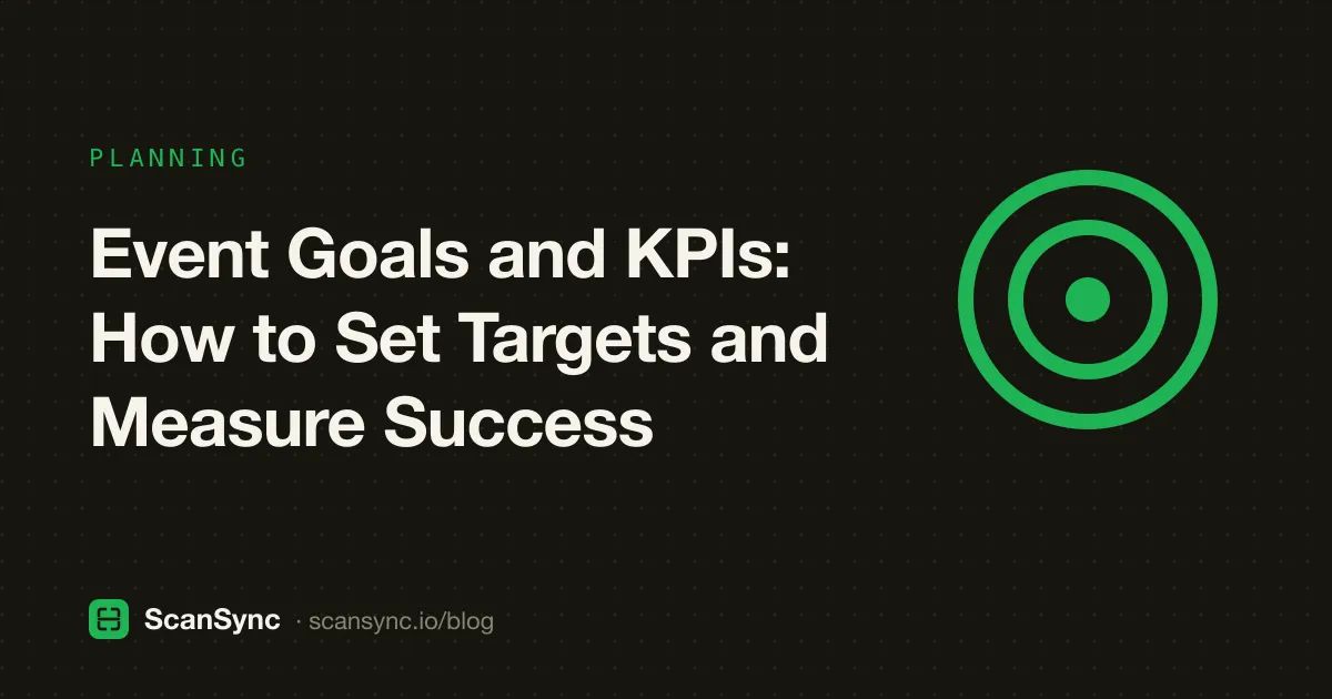 Illustration of a target with an arrow in the centre next to a simple bar chart and a checklist of event metrics
