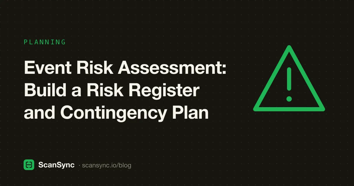 Illustration of a planner reviewing a colour-coded risk matrix on a whiteboard, with icons for rain, a power plug, and a first-aid kit