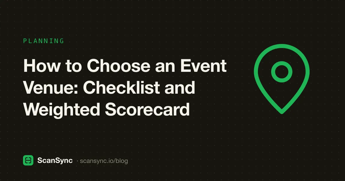 Illustration of an event planner with a clipboard standing in an empty hall, comparing three venue cards marked with scores