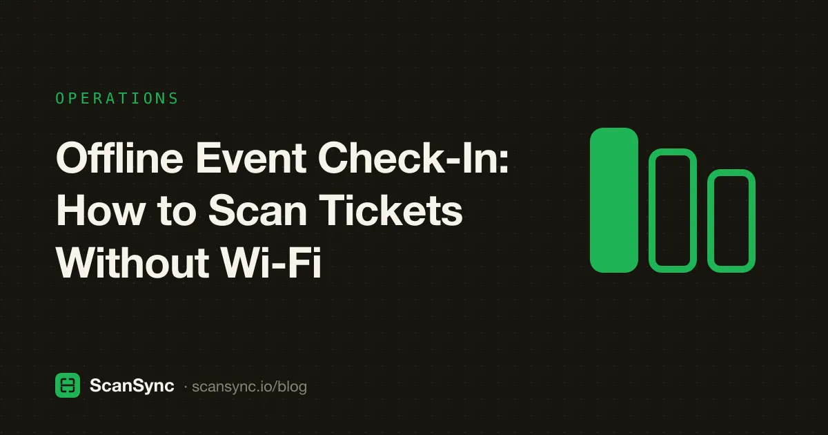 Illustration of a phone scanning a ticket with a crossed-out Wi-Fi symbol and a small sync arrow waiting in the corner