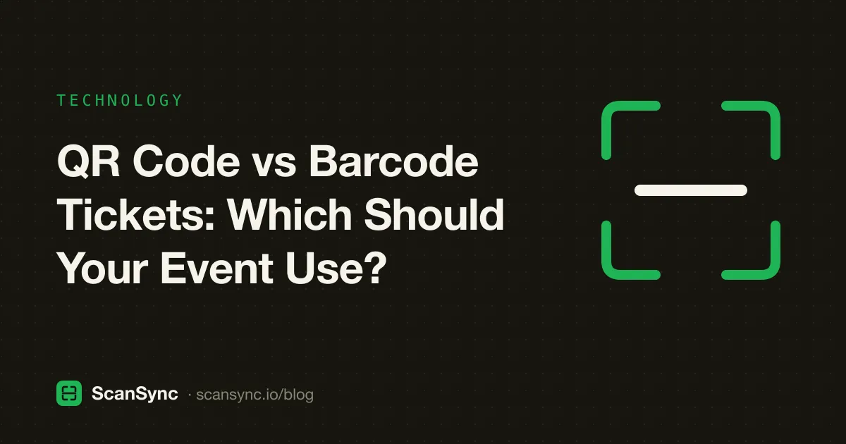 Illustration of a phone showing a QR code next to a paper ticket with a linear barcode, with a scanner between them