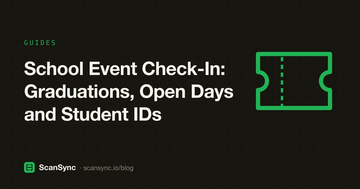 Illustration of a school hall entrance with a student scanning an ID card at a table while a family holds a phone ticket in a second line