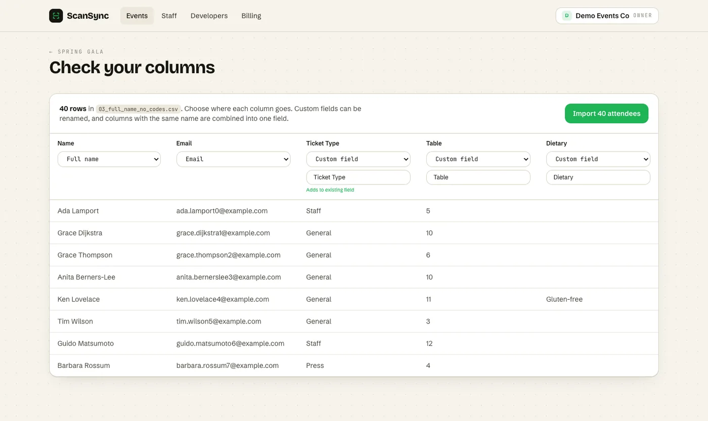 CSV import preview with each column mapped to a field and sample rows shown below