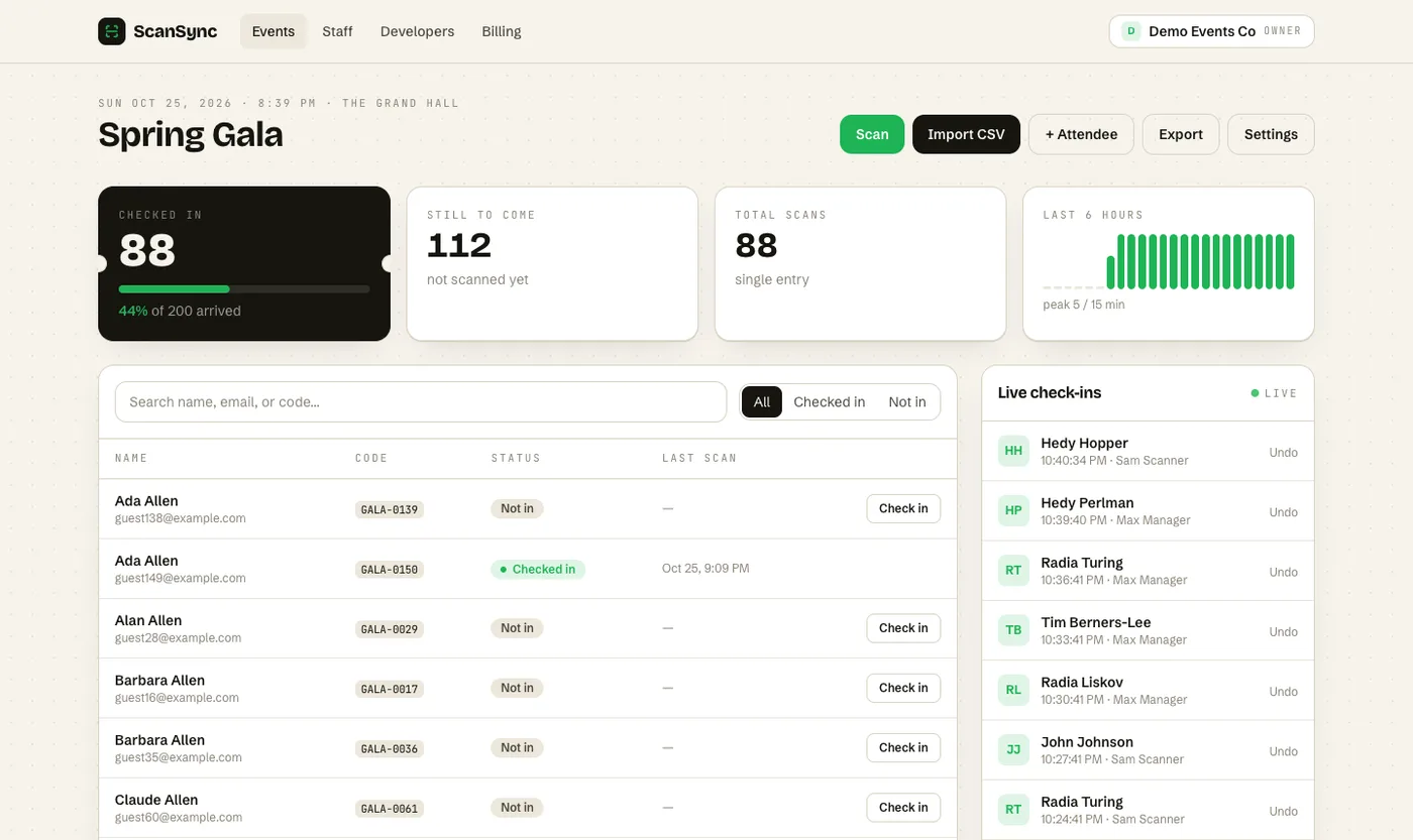 ScanSync live dashboard with checked-in count, timeline, and a recent check-ins feed with Undo