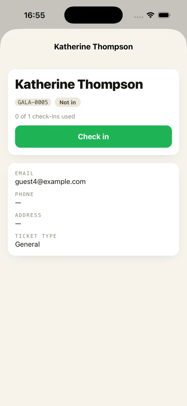 ScanSync iPhone attendee detail showing code, check-in status, a Check in button, email, and ticket type