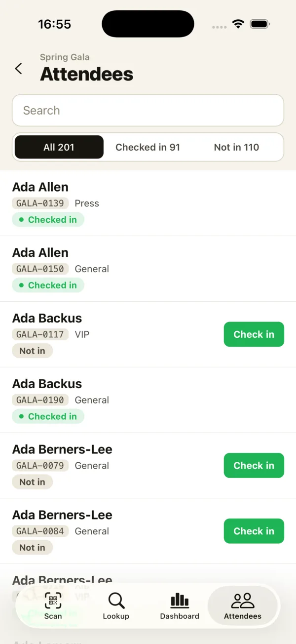 iPhone attendee list with filters for all, checked in, and not in, and check-in buttons