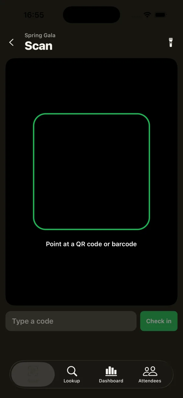 iPhone scan screen with camera viewfinder and a box to type a code manually